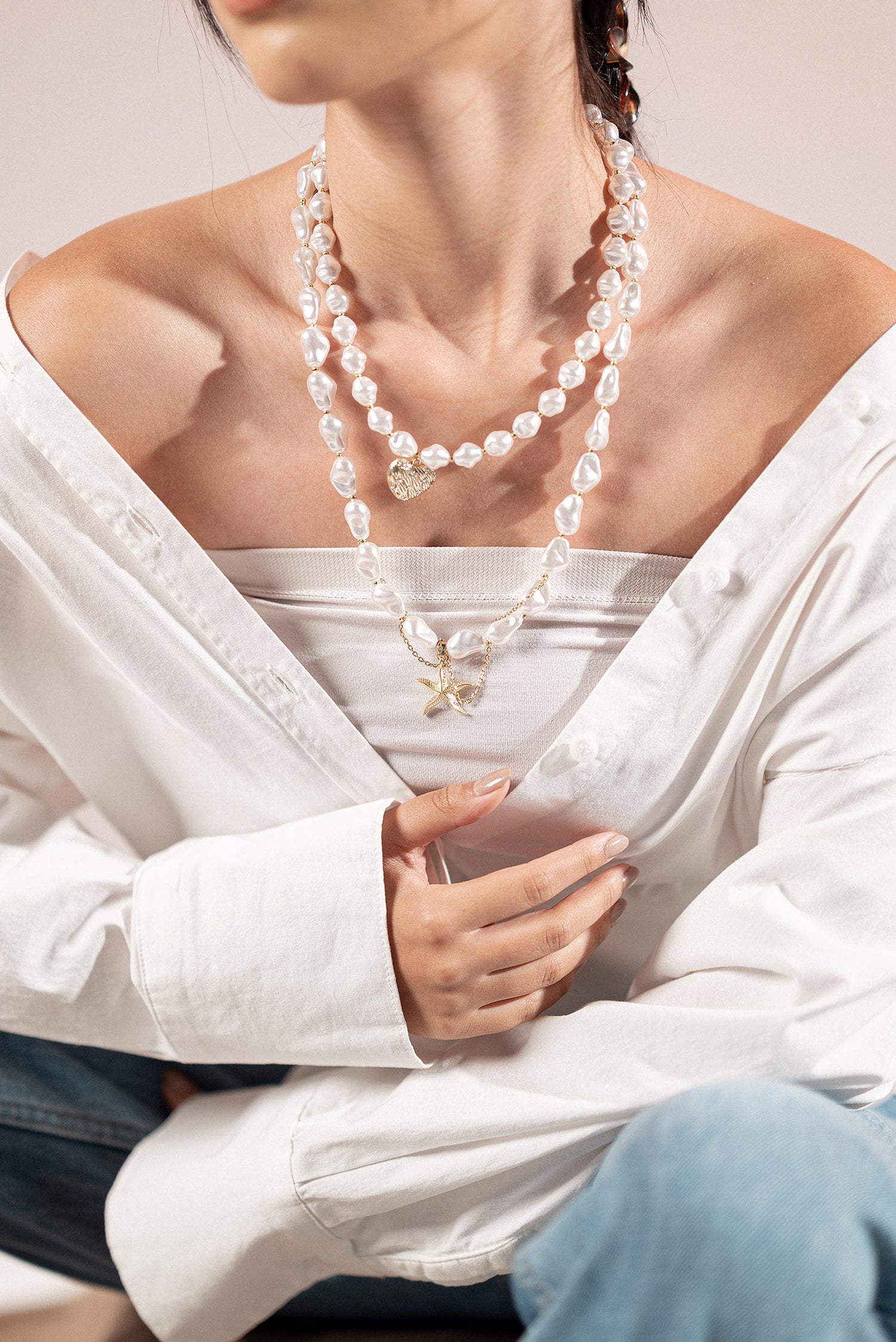 Handmade crystal & pearl layey necklace with gold star detail