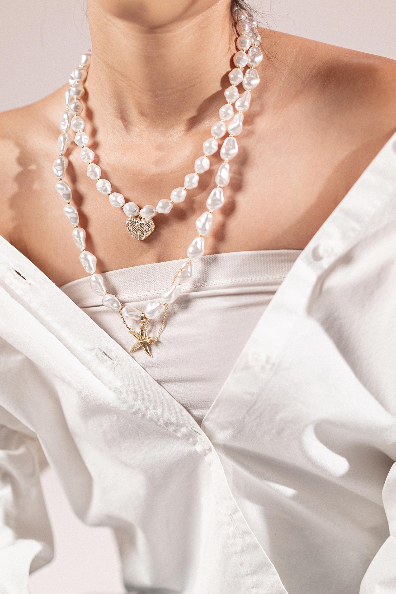 Handmade crystal & pearl layey necklace with gold star detail