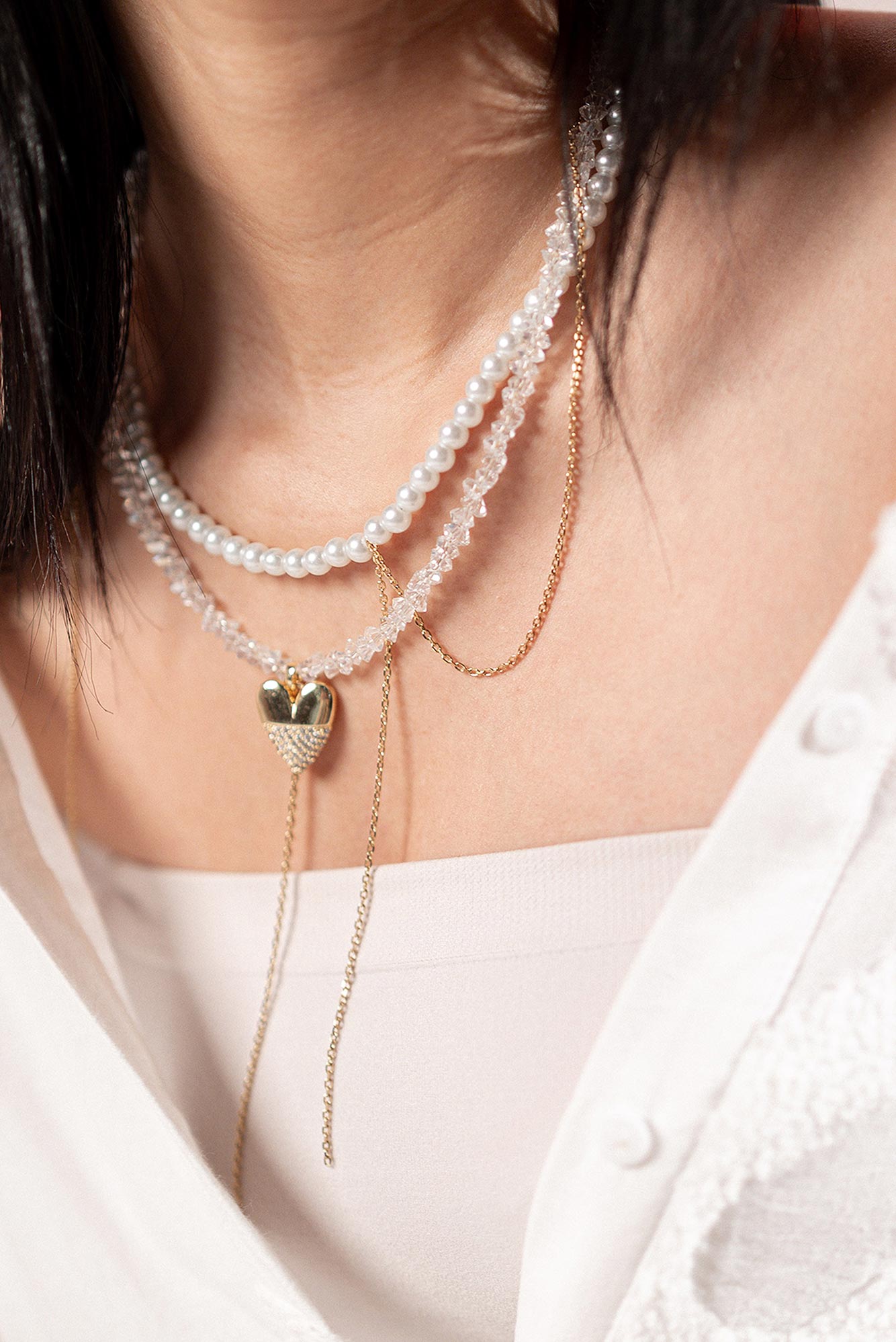Handmade crystal & pearl layer necklace with gold detail