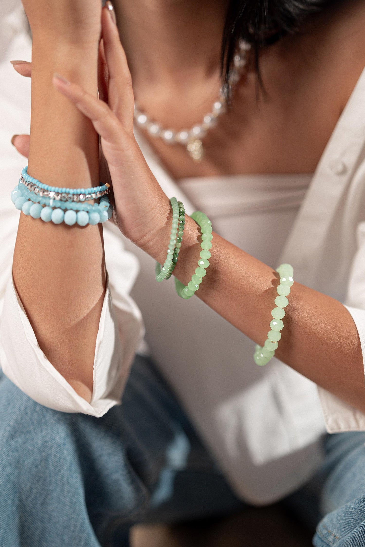 Handmade mint & shades of green crystal stack bracelet
