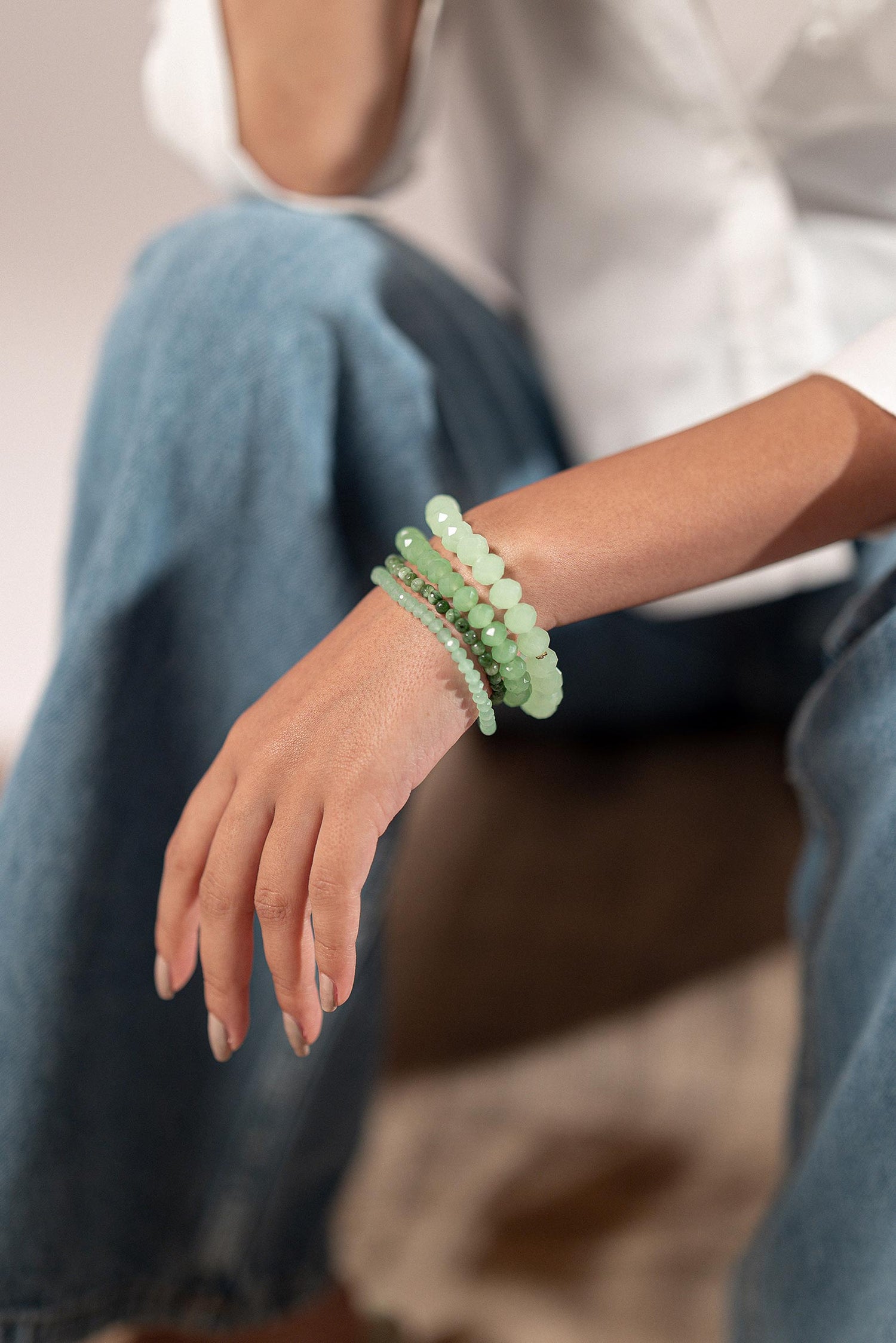 Handmade mint & shades of green crystal stack bracelet