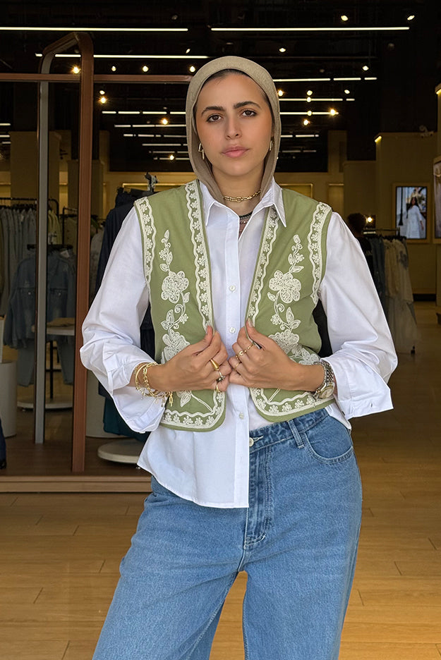 Embroidered Open-Front Vest