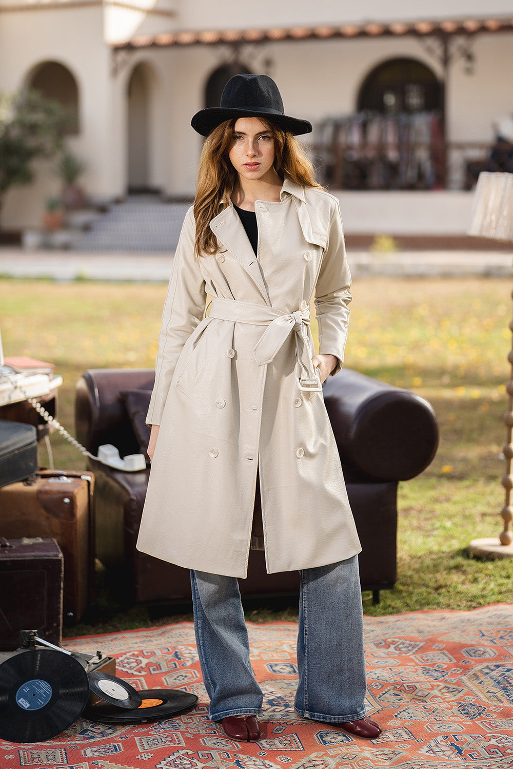 Faux-Leather Belted Trench Coat