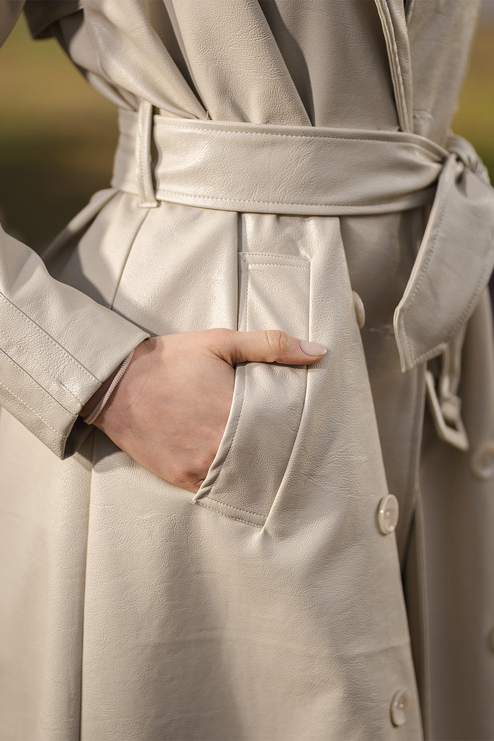 Faux-Leather Belted Trench Coat