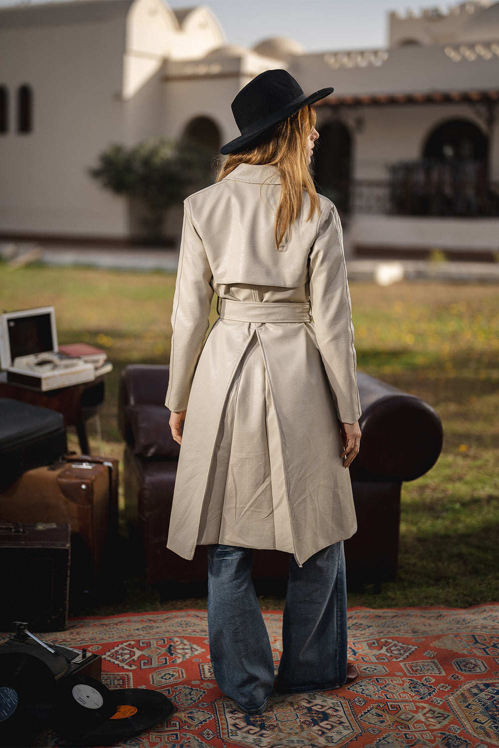 Faux-Leather Belted Trench Coat