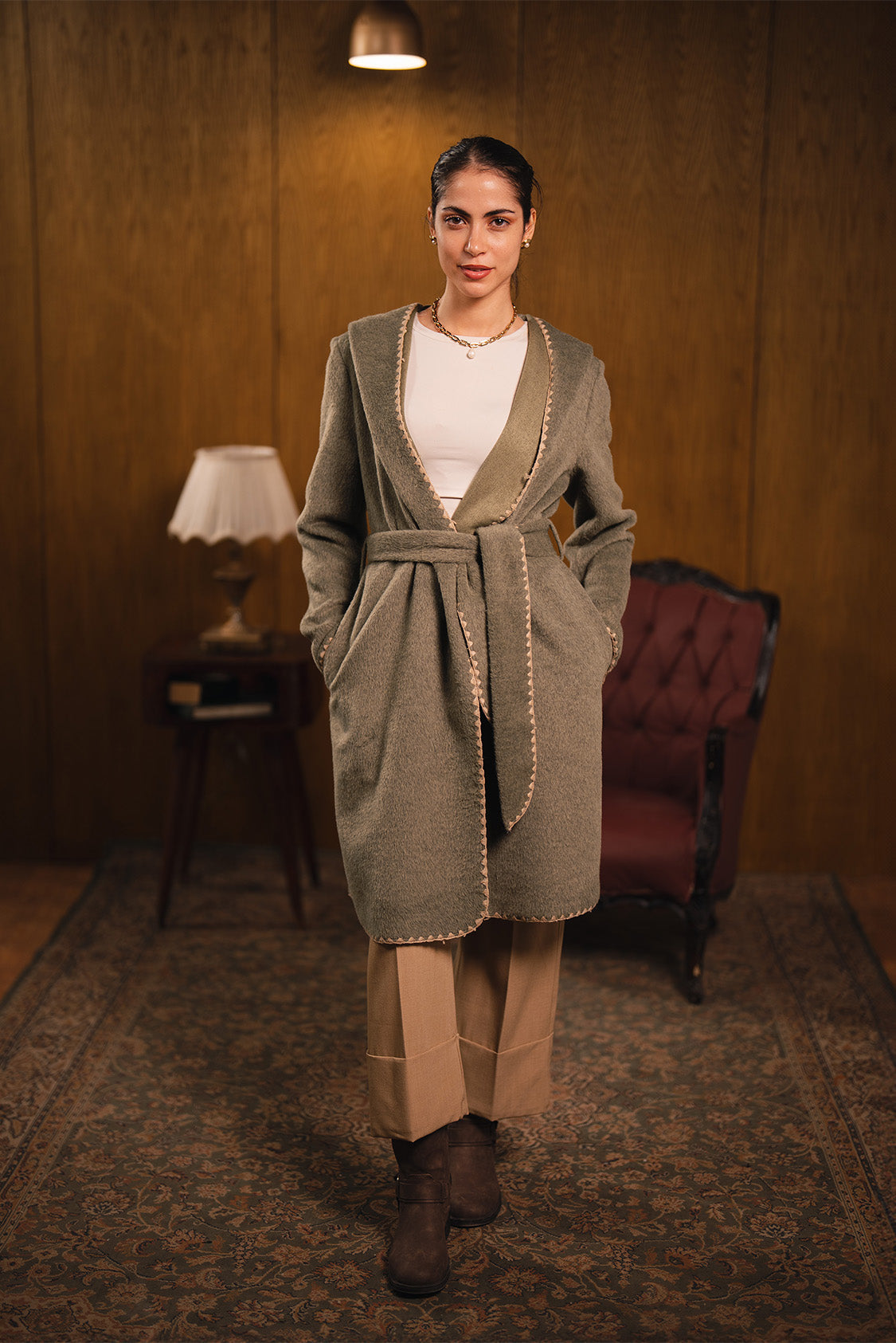 Stitched Trim Belted Coat