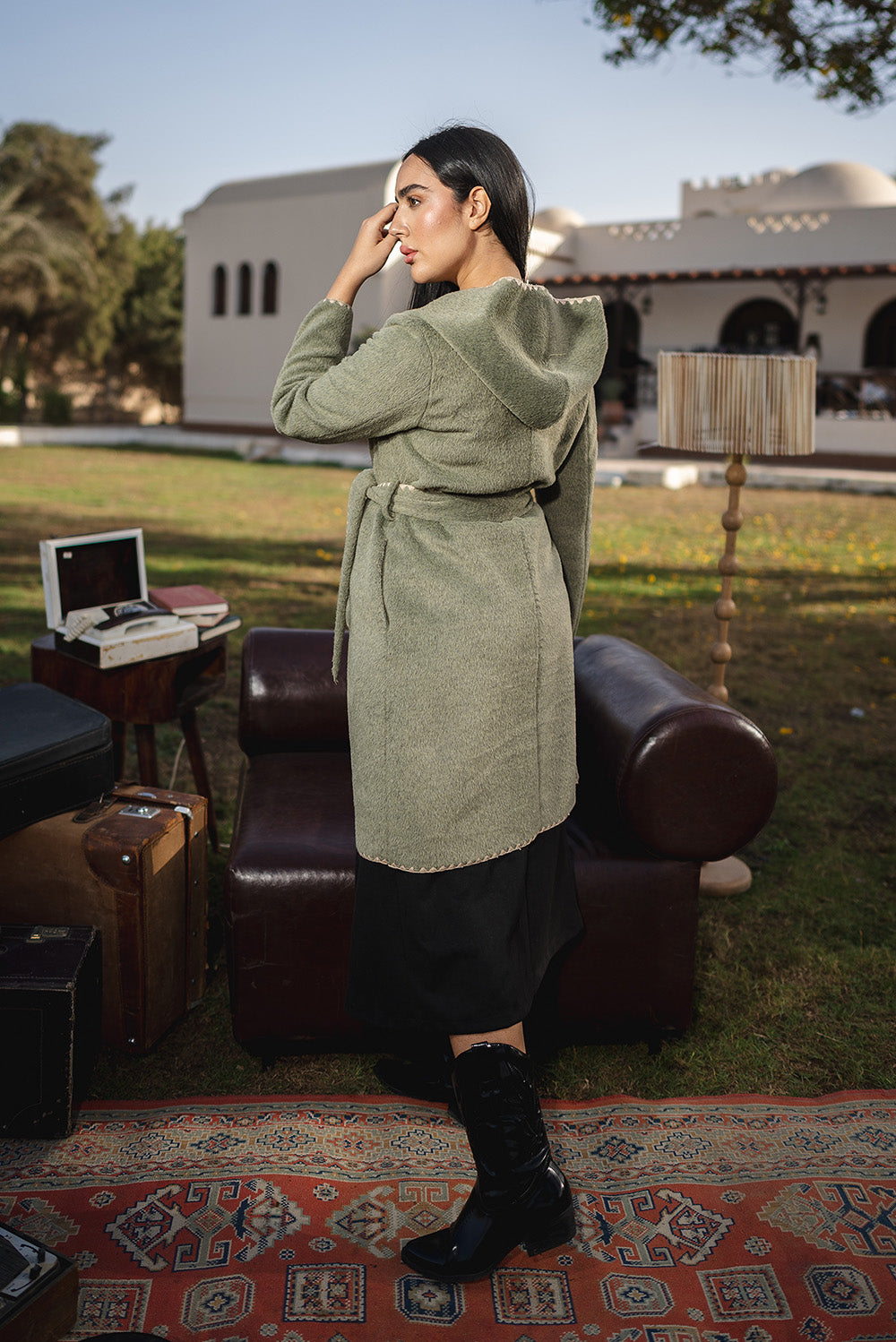 Stitched Trim Belted Coat