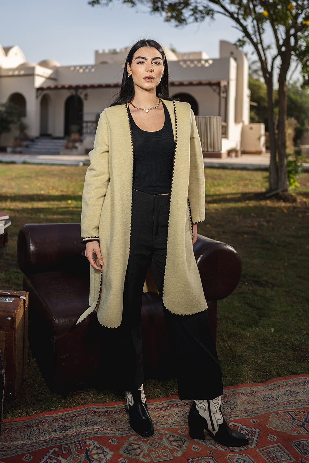 Stitched Trim Belted Coat