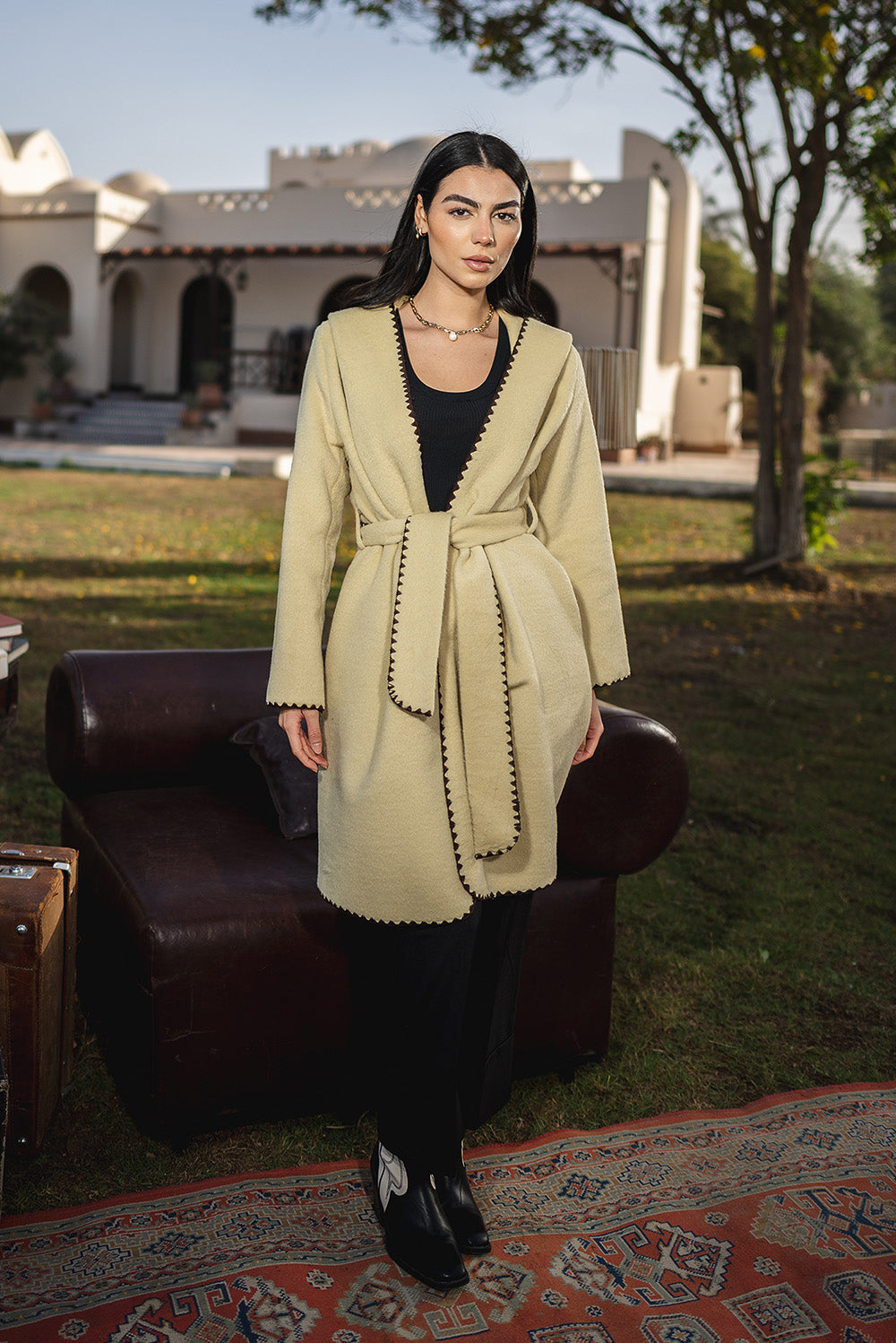 Stitched Trim Belted Coat