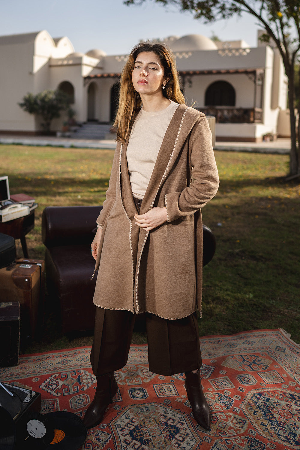 Stitched Trim Belted Coat