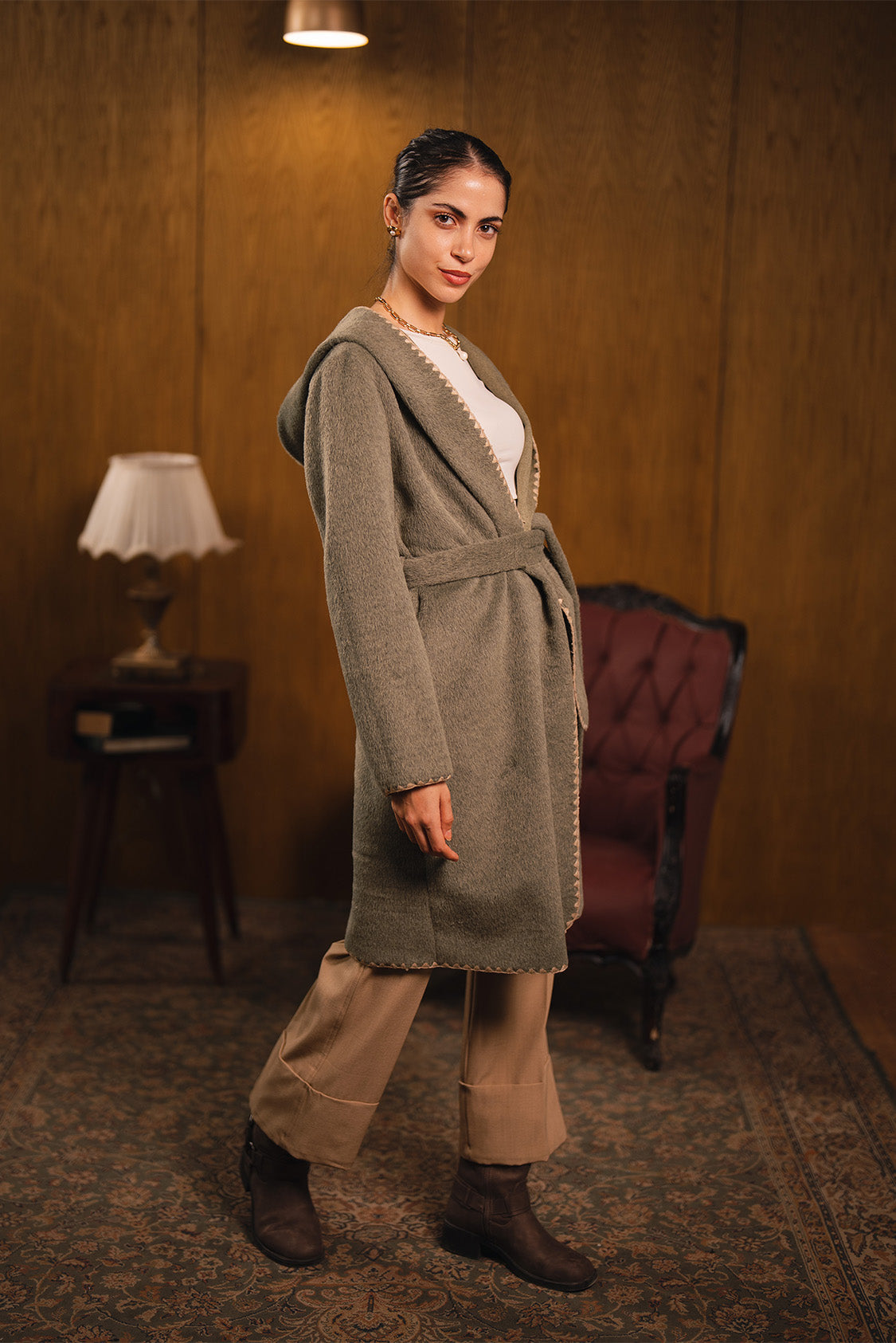 Stitched Trim Belted Coat