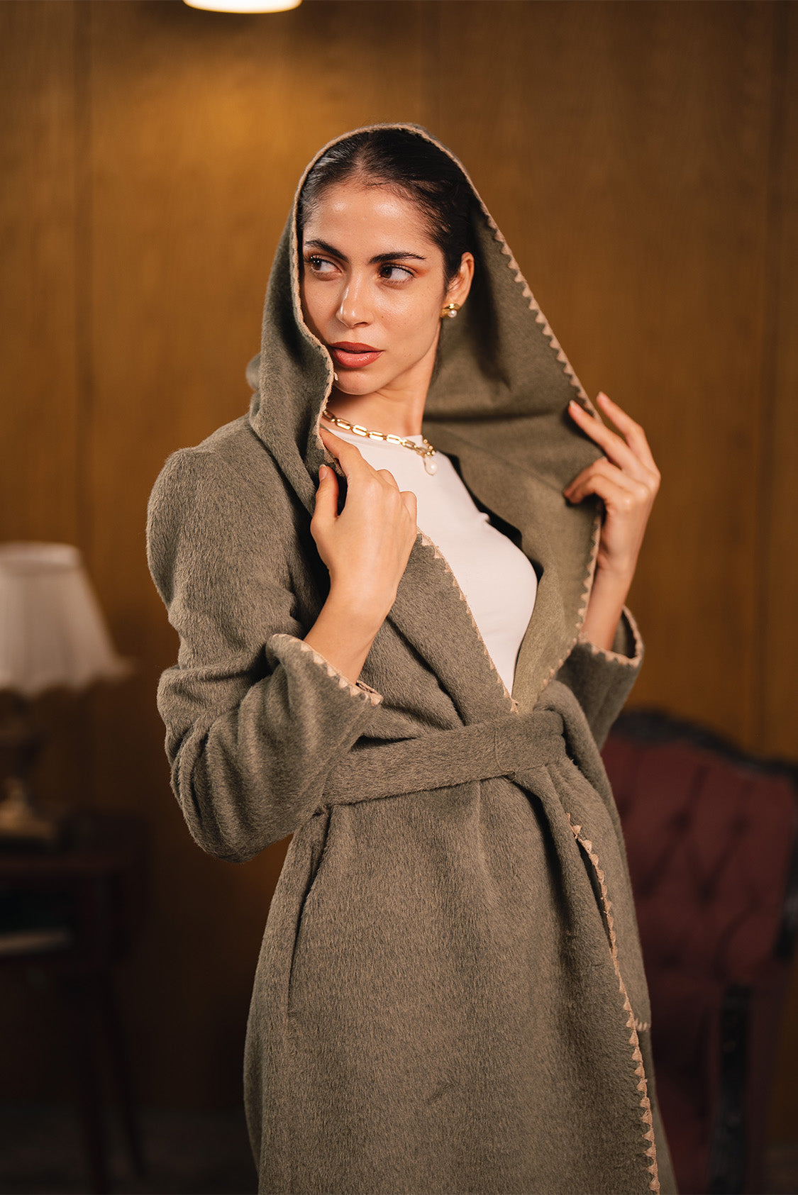 Stitched Trim Belted Coat