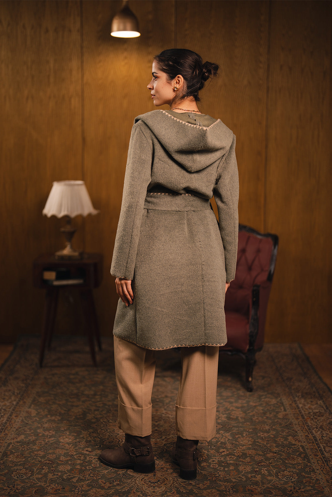 Stitched Trim Belted Coat