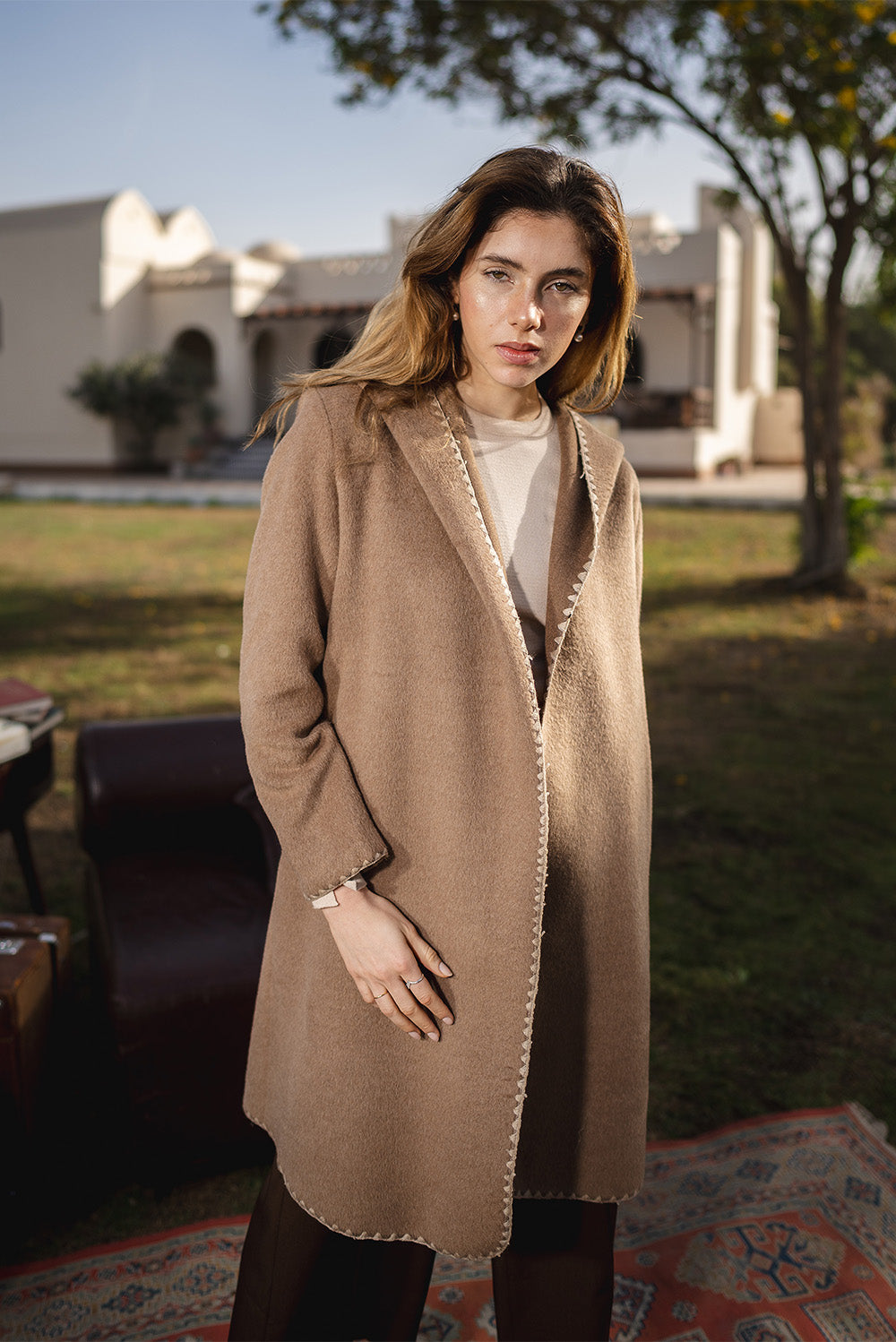 Stitched Trim Belted Coat