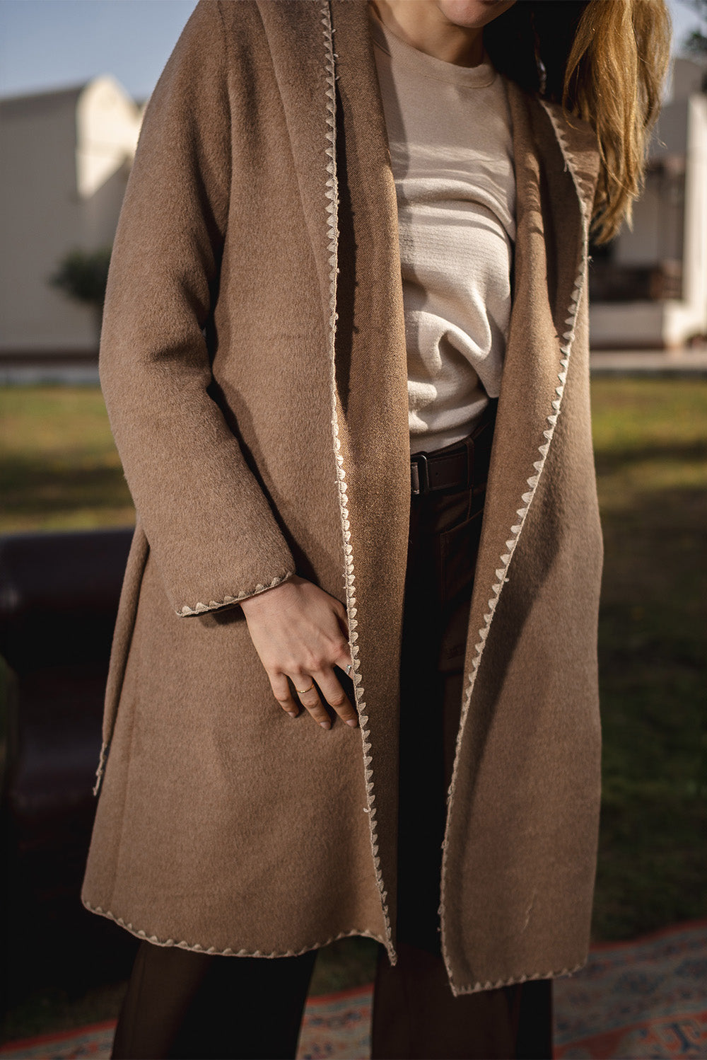 Stitched Trim Belted Coat