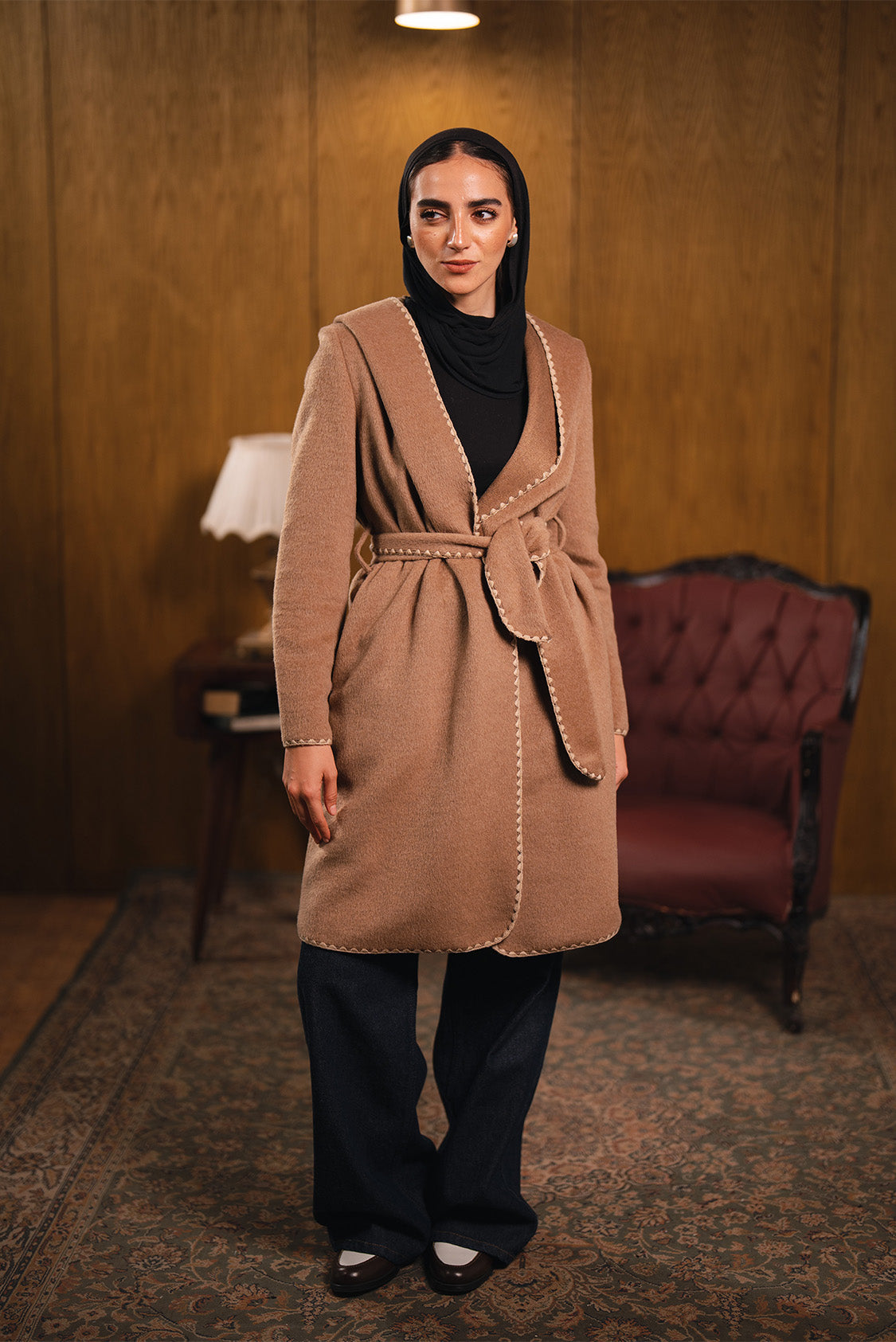 Stitched Trim Belted Coat