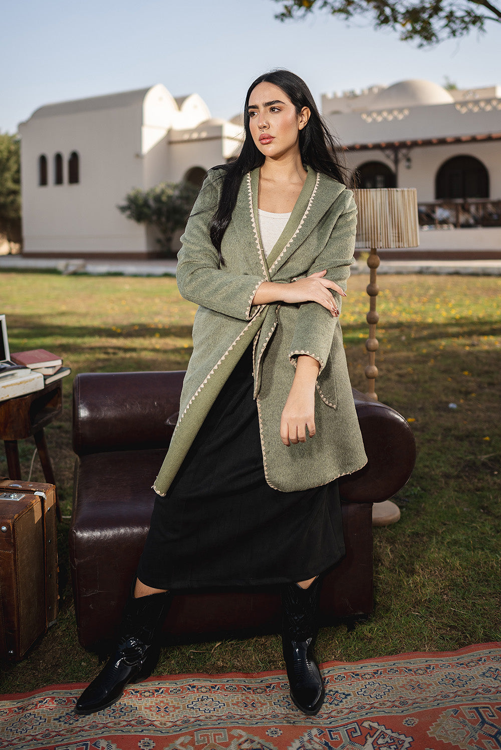 Stitched Trim Belted Coat