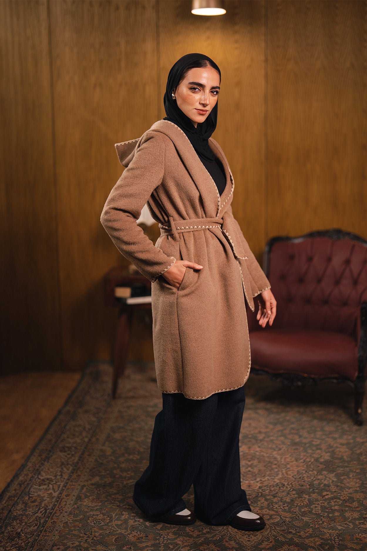 Stitched Trim Belted Coat