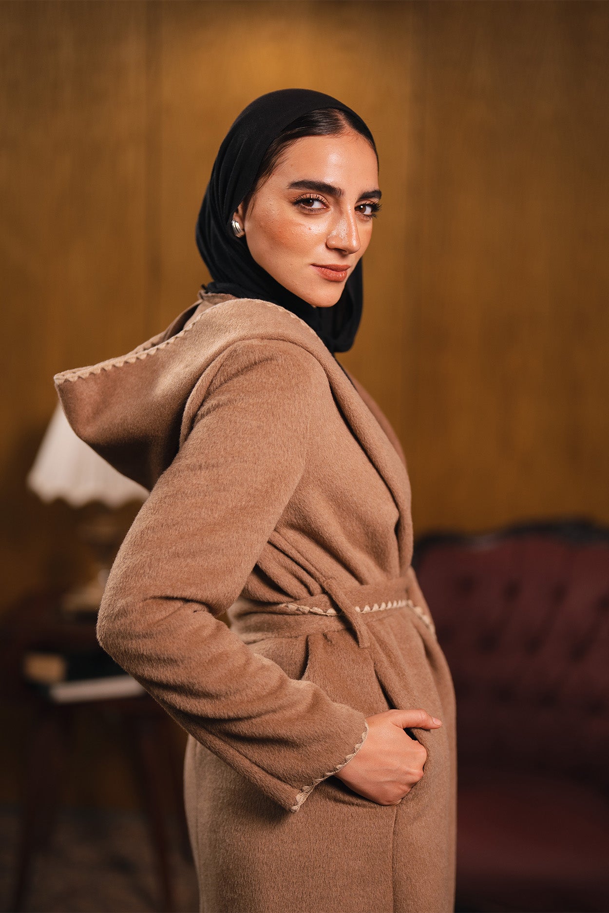 Stitched Trim Belted Coat