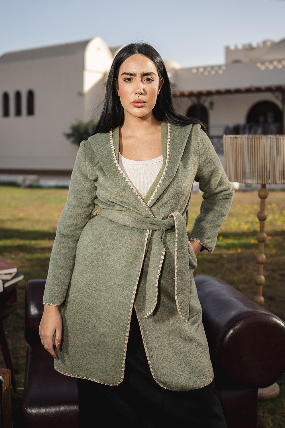 Stitched Trim Belted Coat