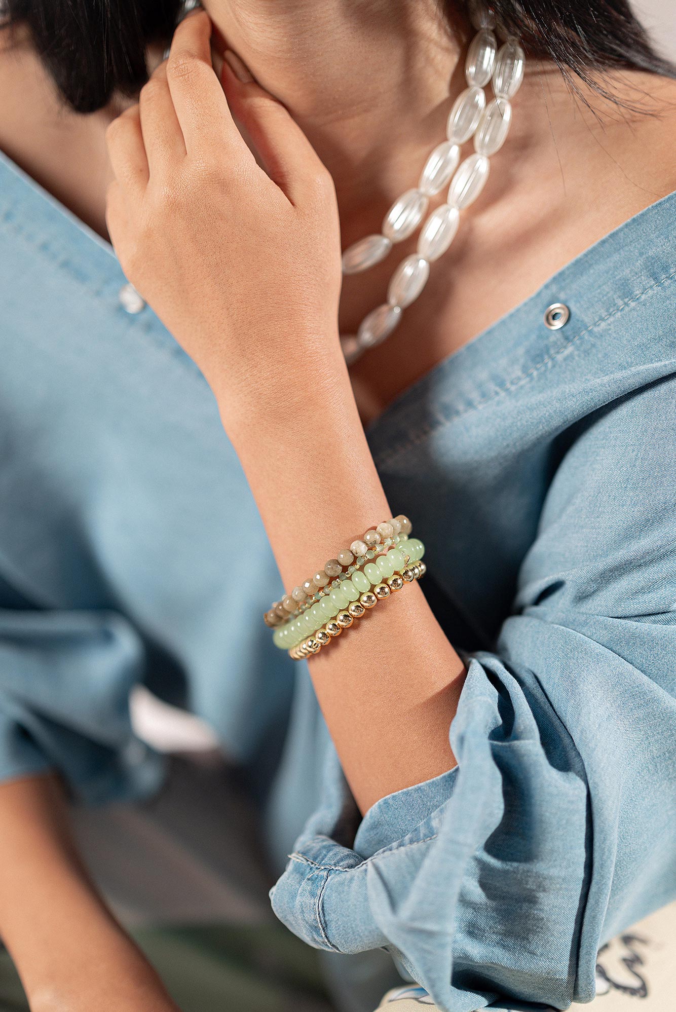 Handmade olive &amp; gold crystal stack bracelet