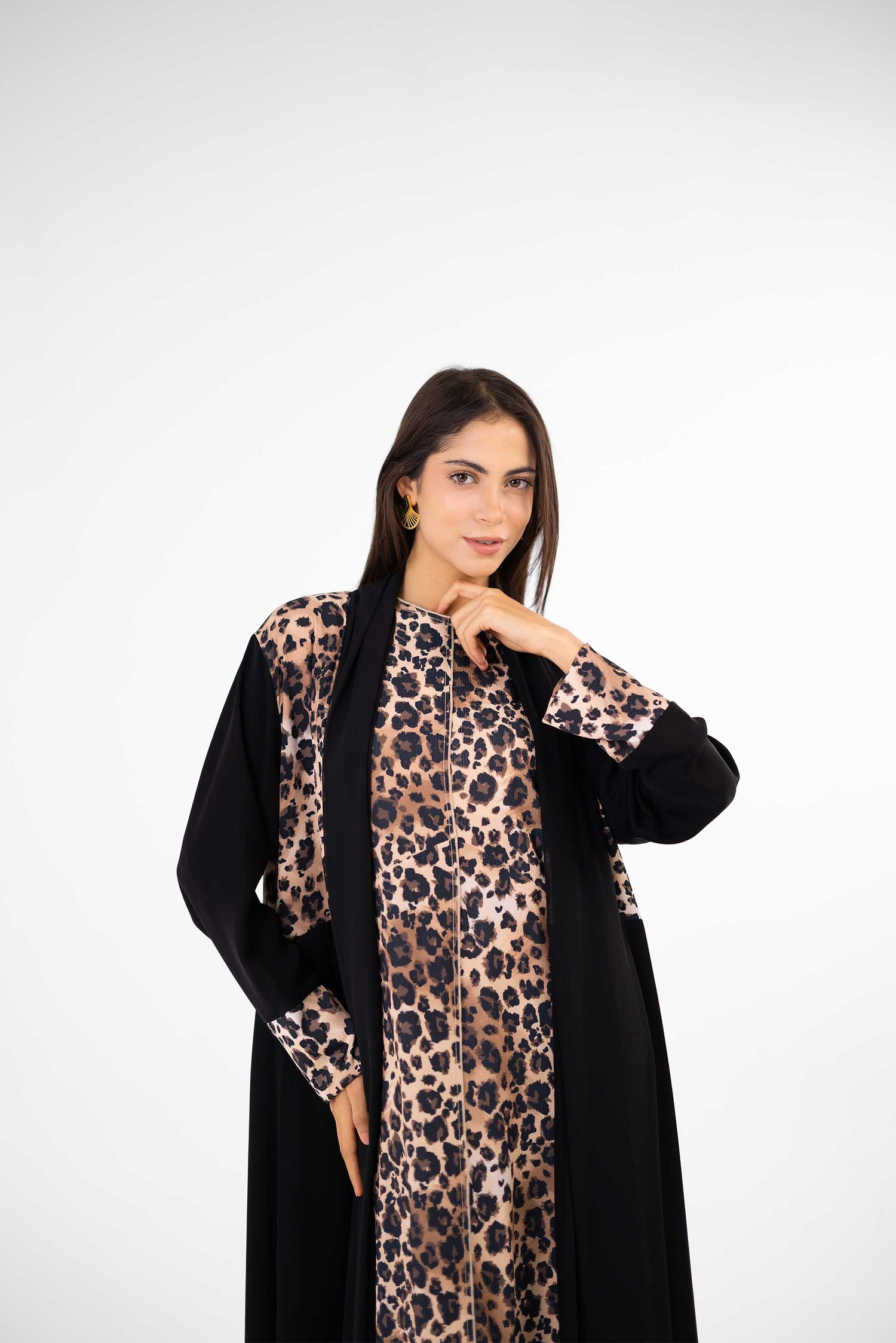OPEN SILK ABAYA BLACK PRINT TIGER