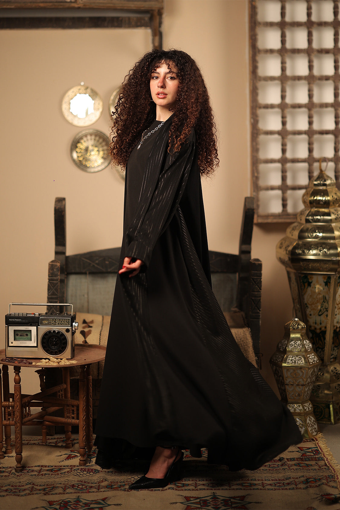Black Sheer-Stripe Open Abaya