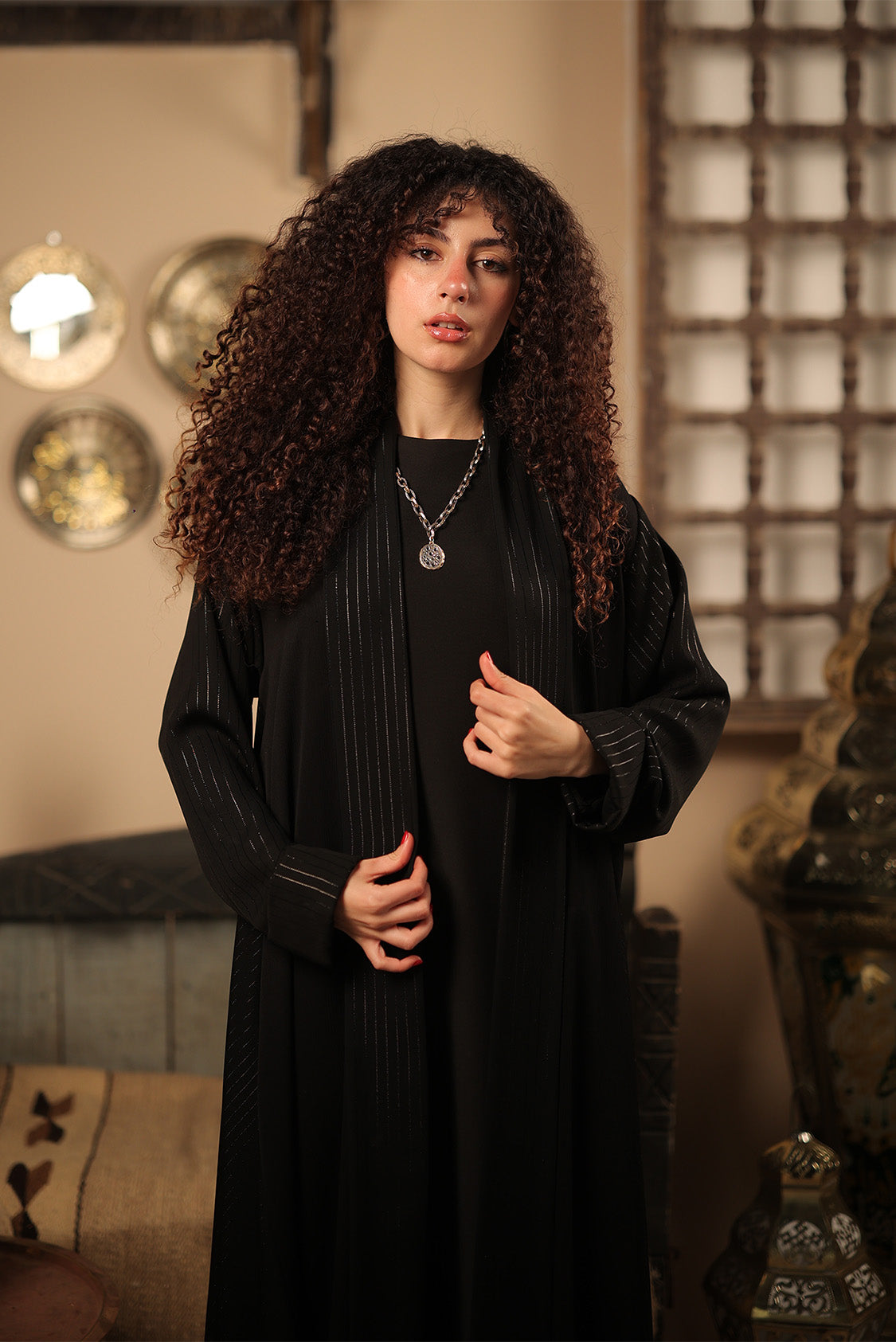 Black Sheer-Stripe Open Abaya