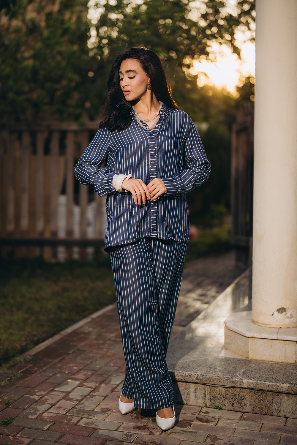 Striped Wide-Leg Denim Pants