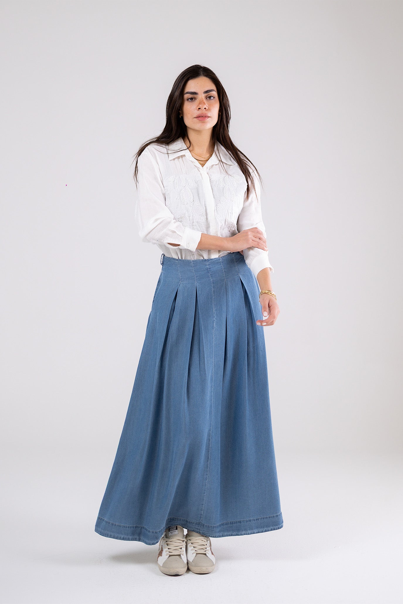 Light Denim Pleated Maxi Skirt