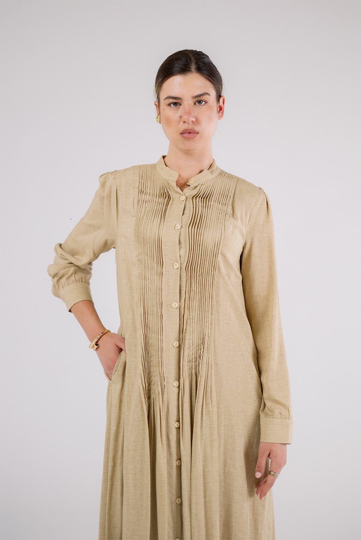 Soft Taupe Pleated Maxi Dress