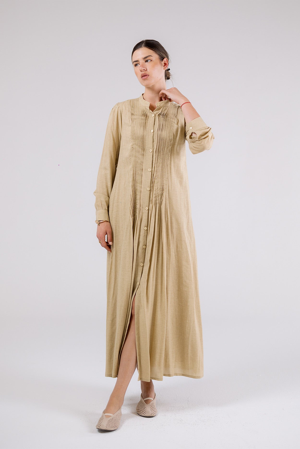 Soft Taupe Pleated Maxi Dress