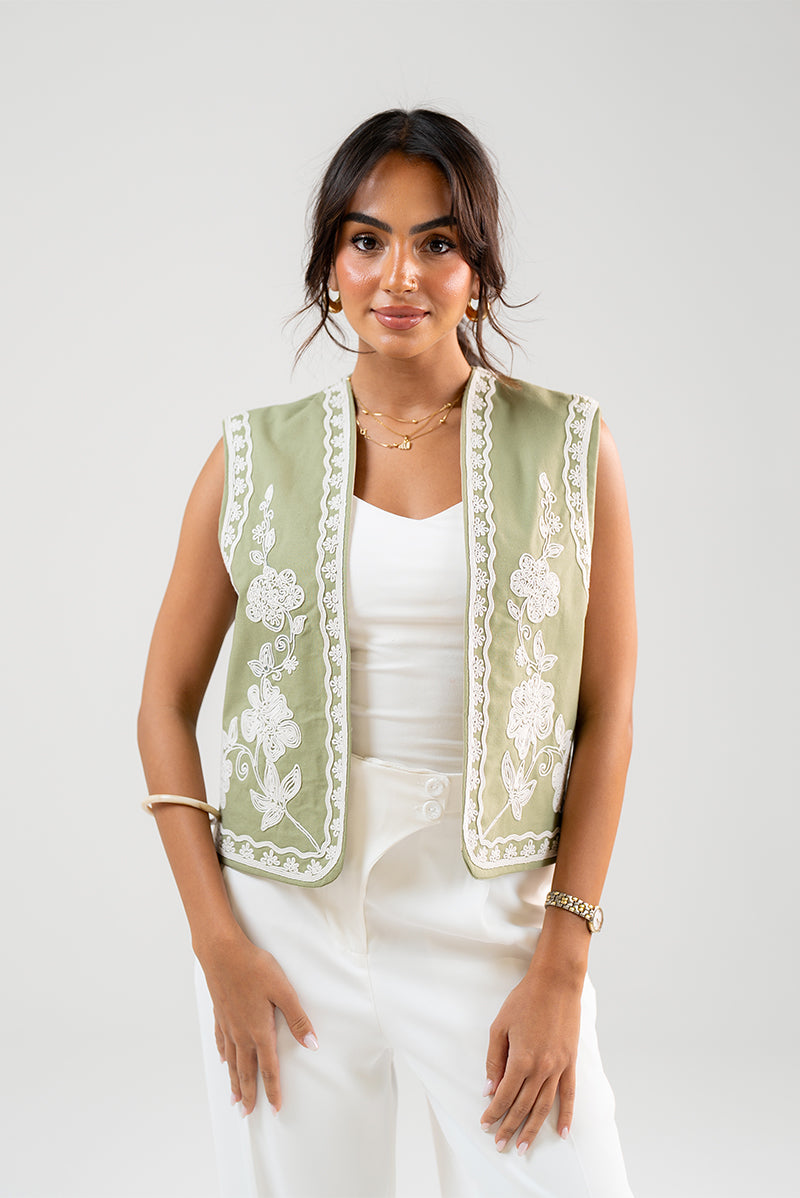 Embroidered Open-Front Vest