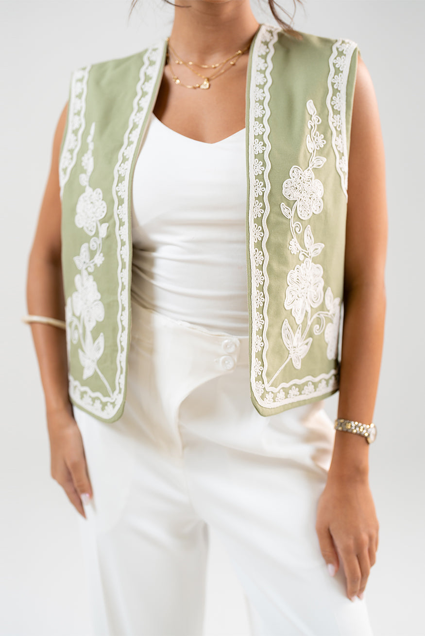 Embroidered Open-Front Vest