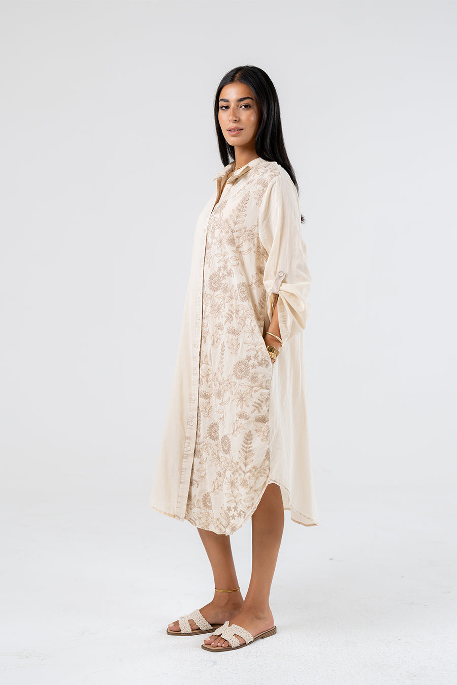 Embroidered Midi Shirt Dress