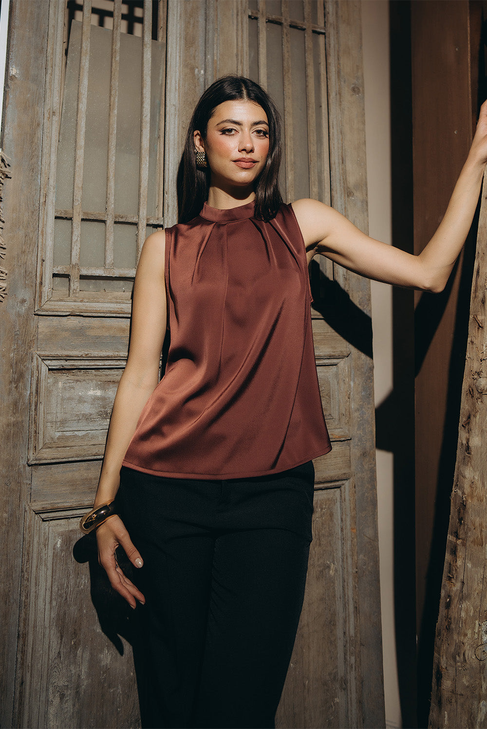 Sleeveless Pleated Neck Blouse