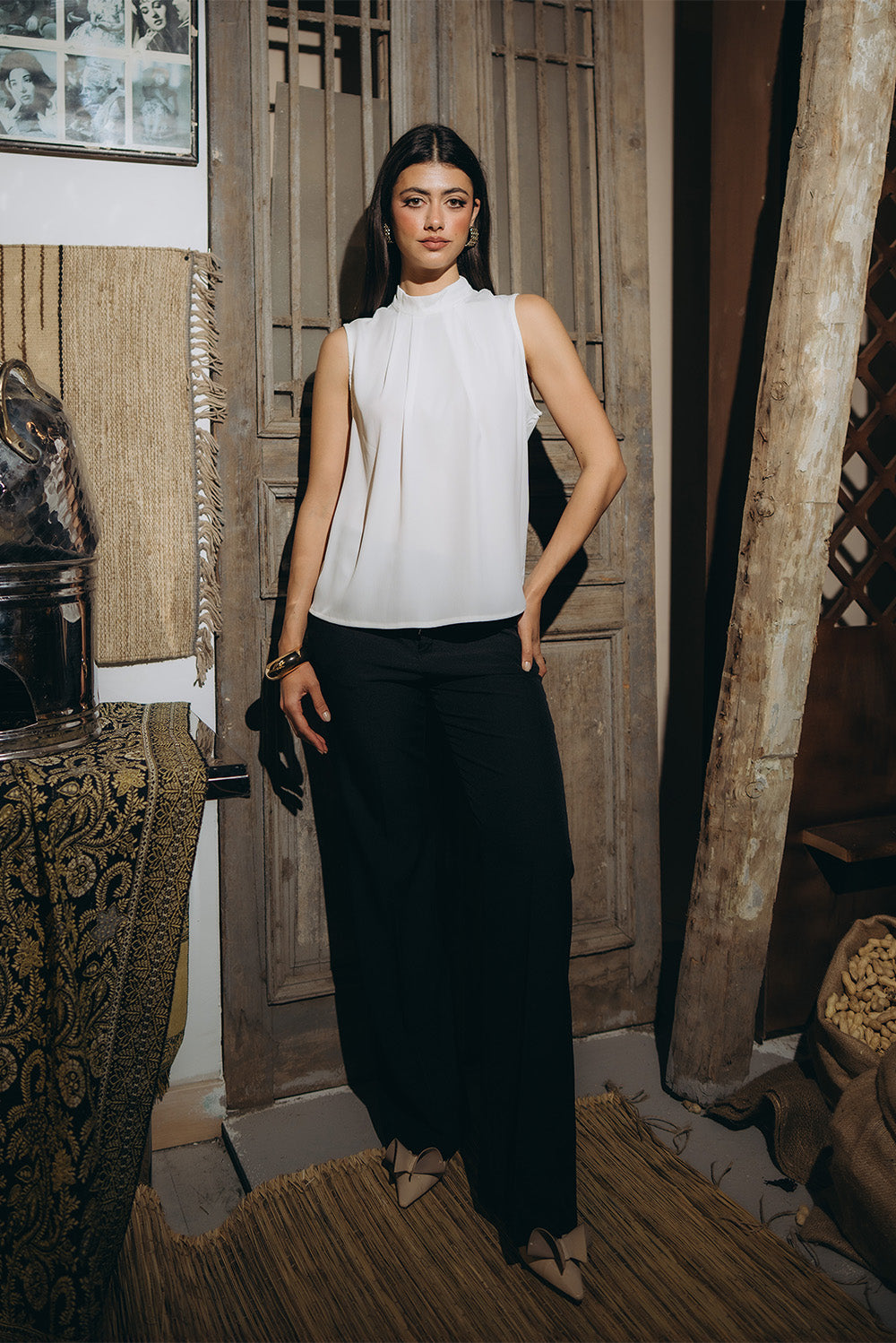 Sleeveless Pleated Neck Blouse