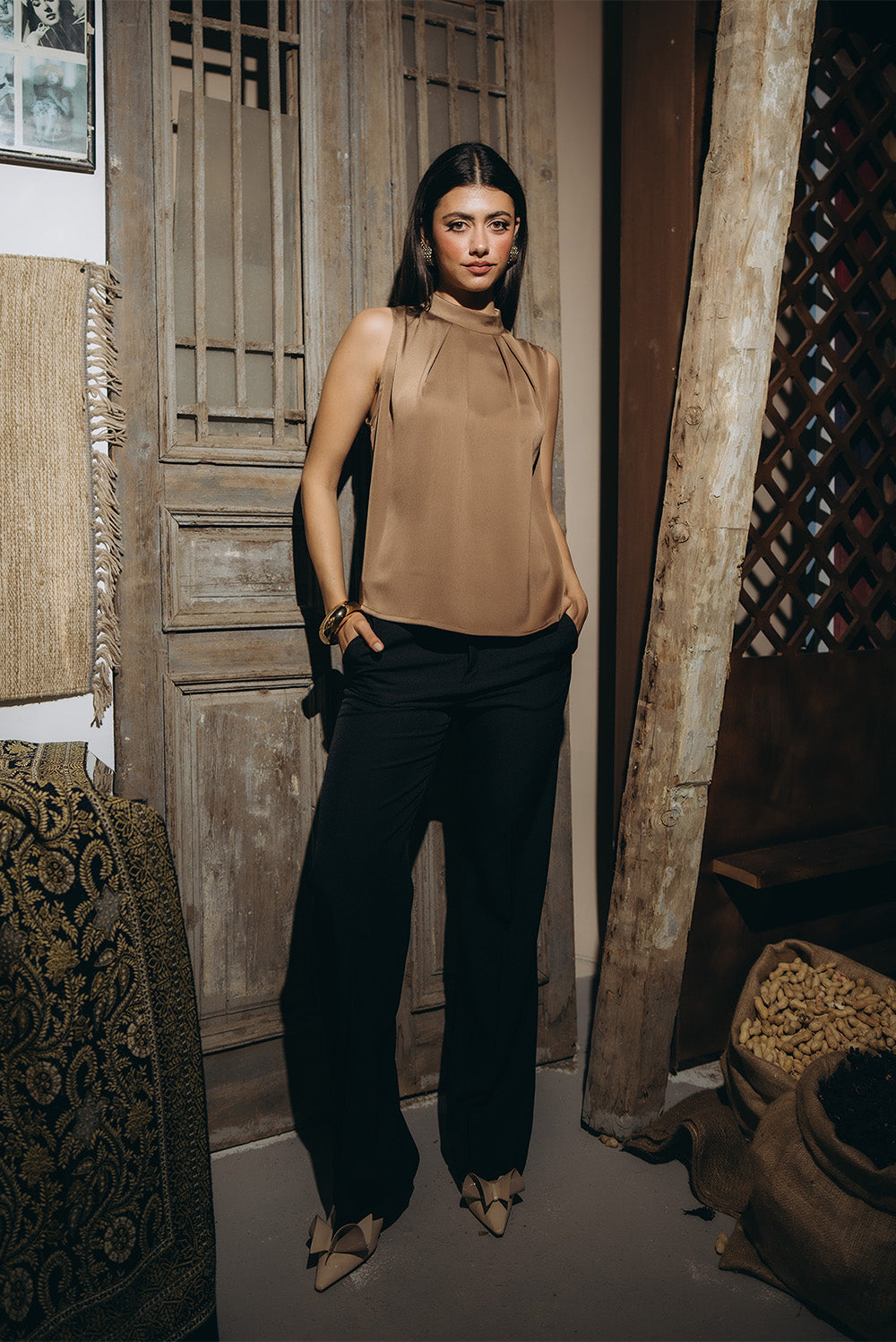 Sleeveless Pleated Neck Blouse