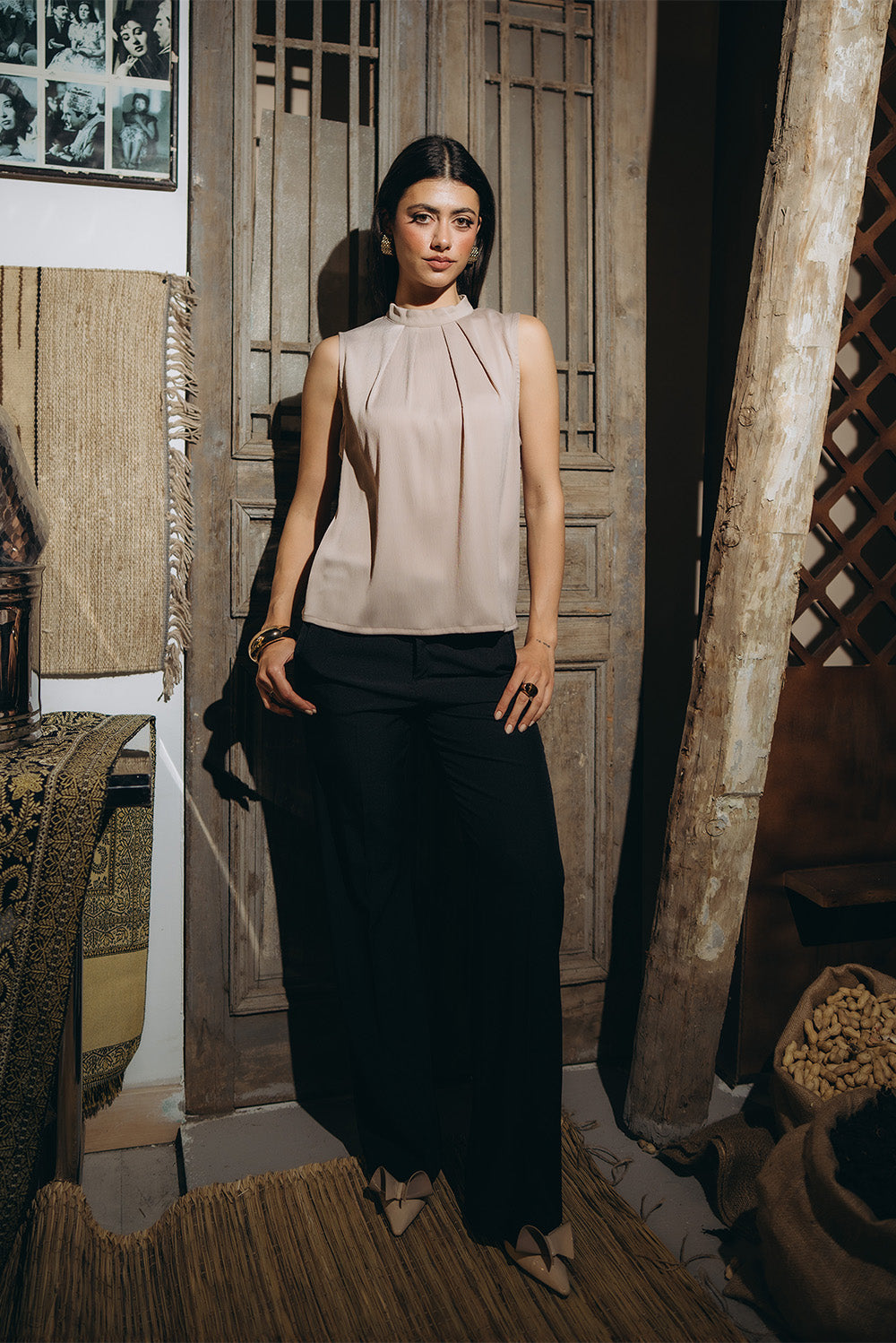 Sleeveless Pleated Neck Blouse
