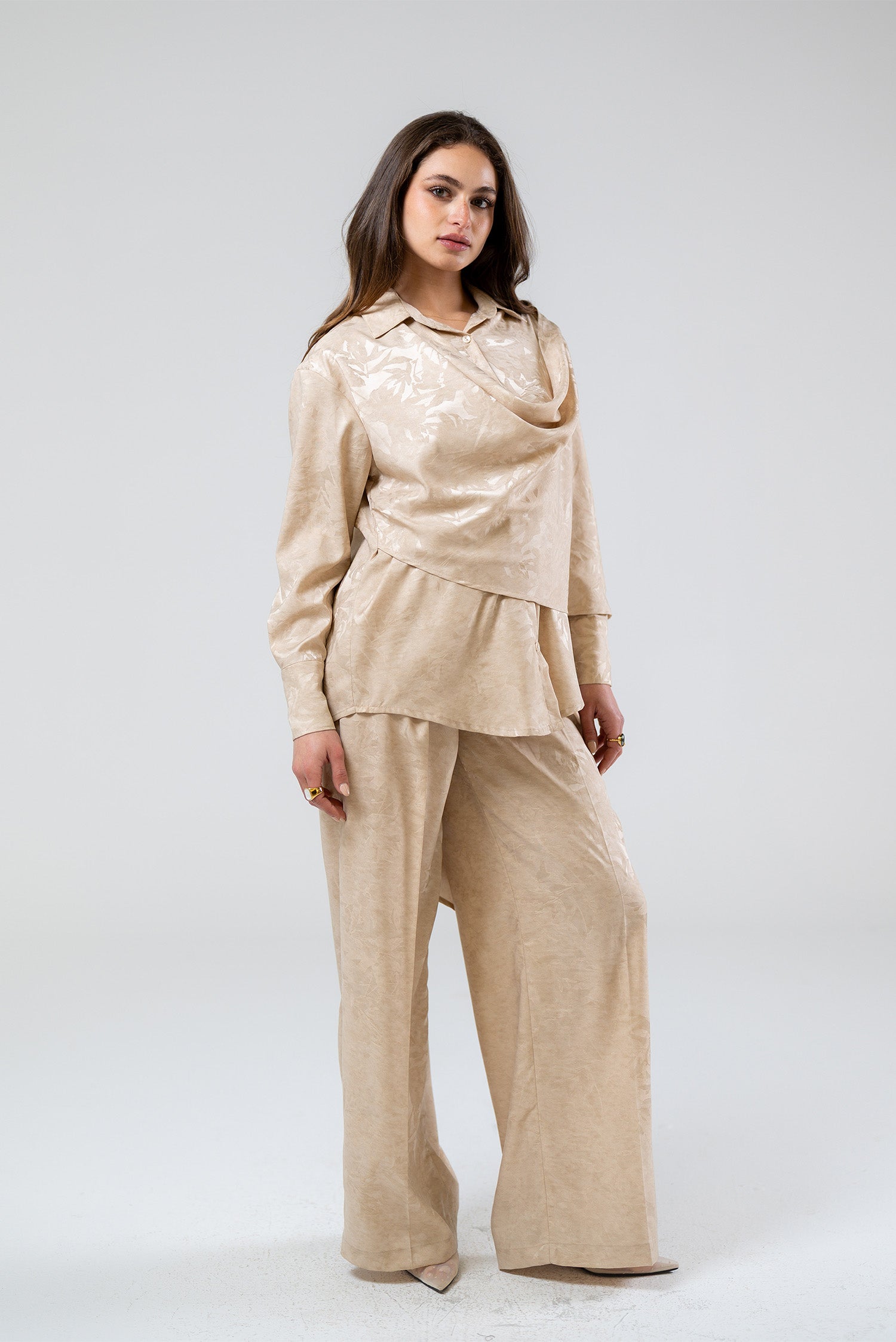 Draped Long-Sleeve Top with Scarf Detail