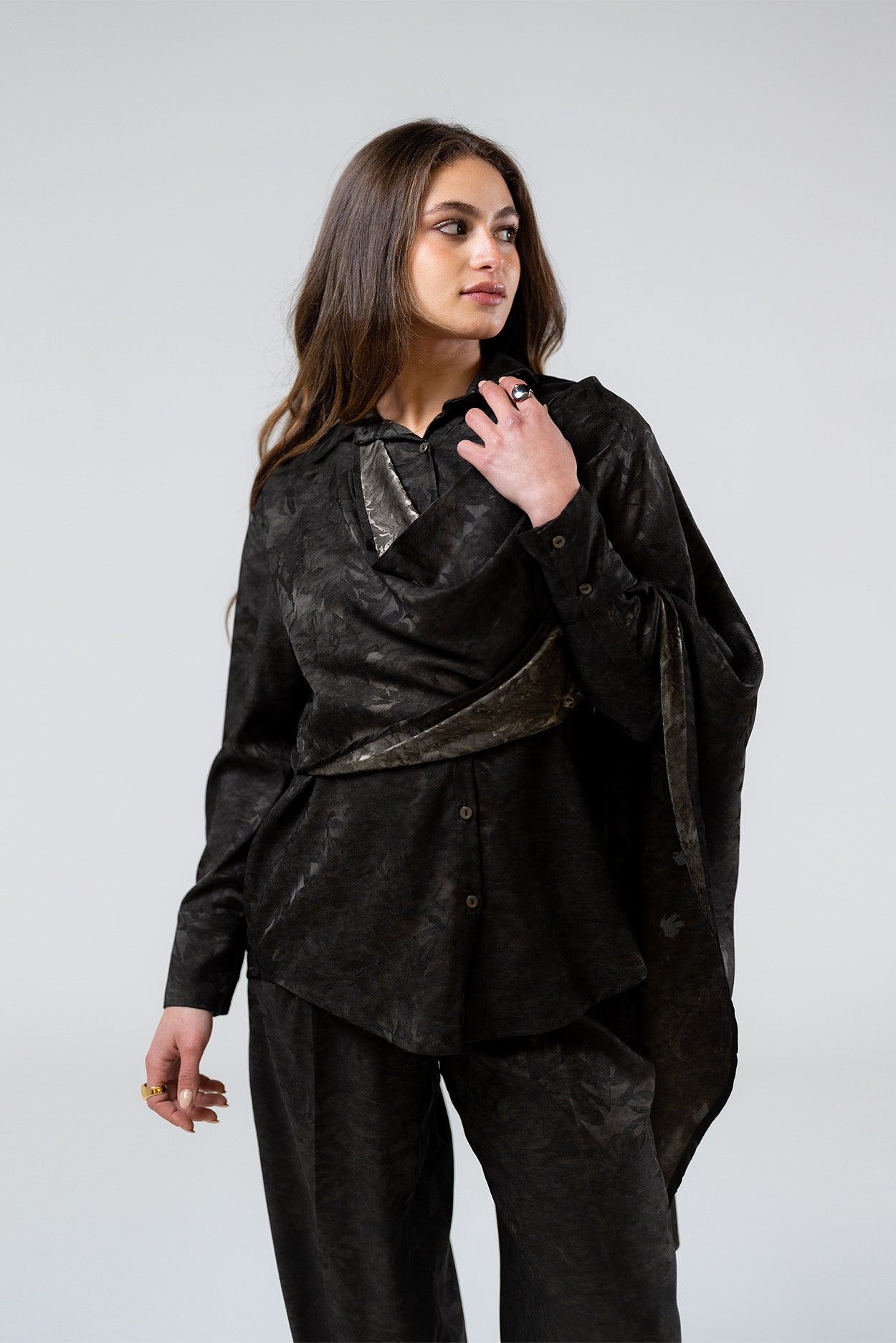 Draped Long-Sleeve Top with Scarf Detail
