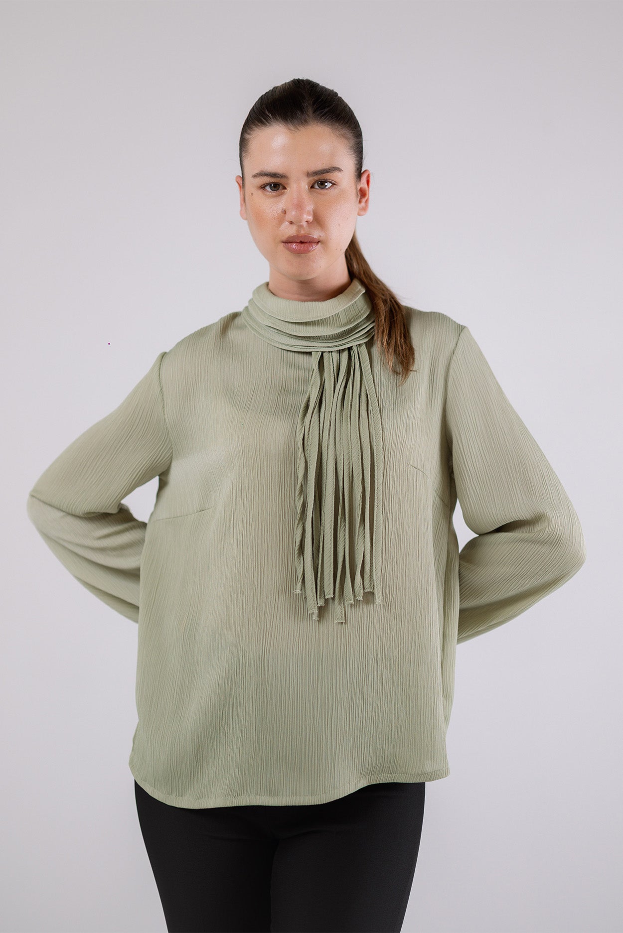 High-Neck Pleated Blouse