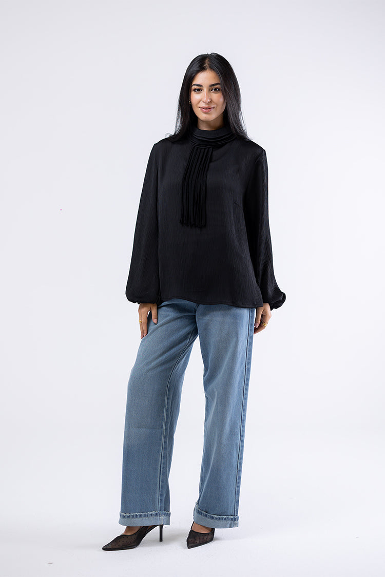 High-Neck Pleated Blouse