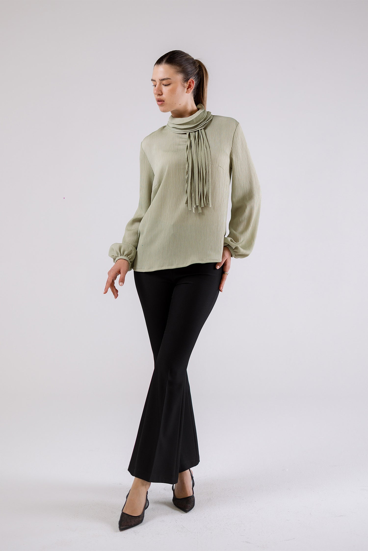 High-Neck Pleated Blouse