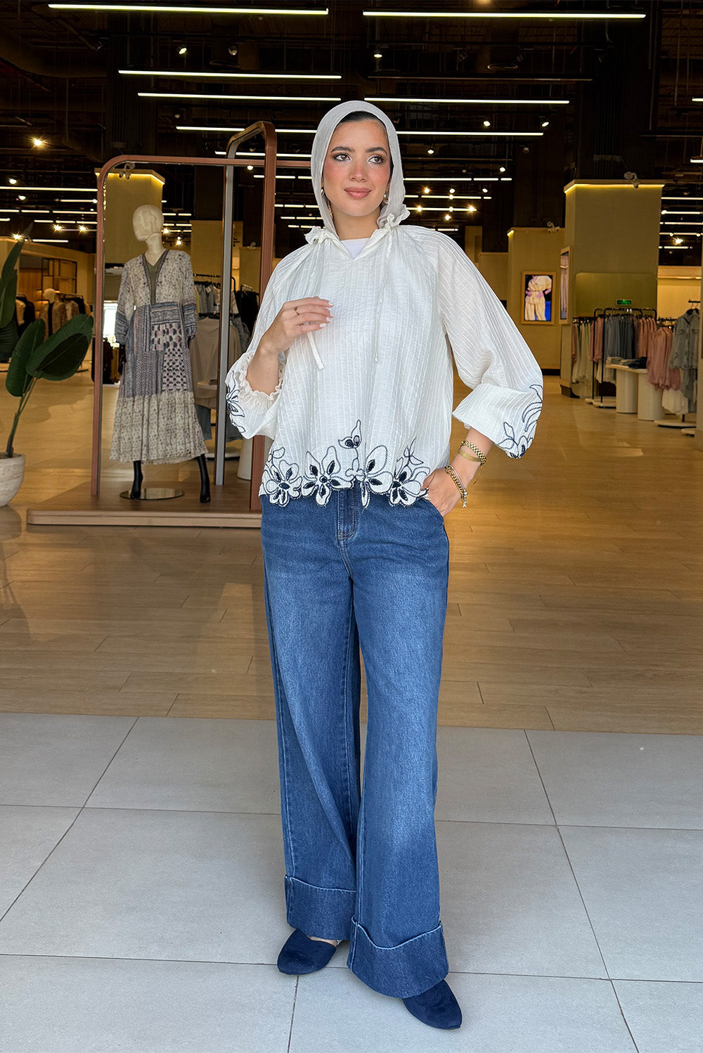 Embroidered Tie-Neck Blouse