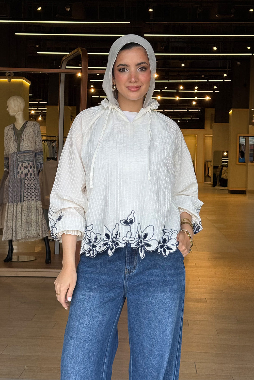 Embroidered Tie-Neck Blouse