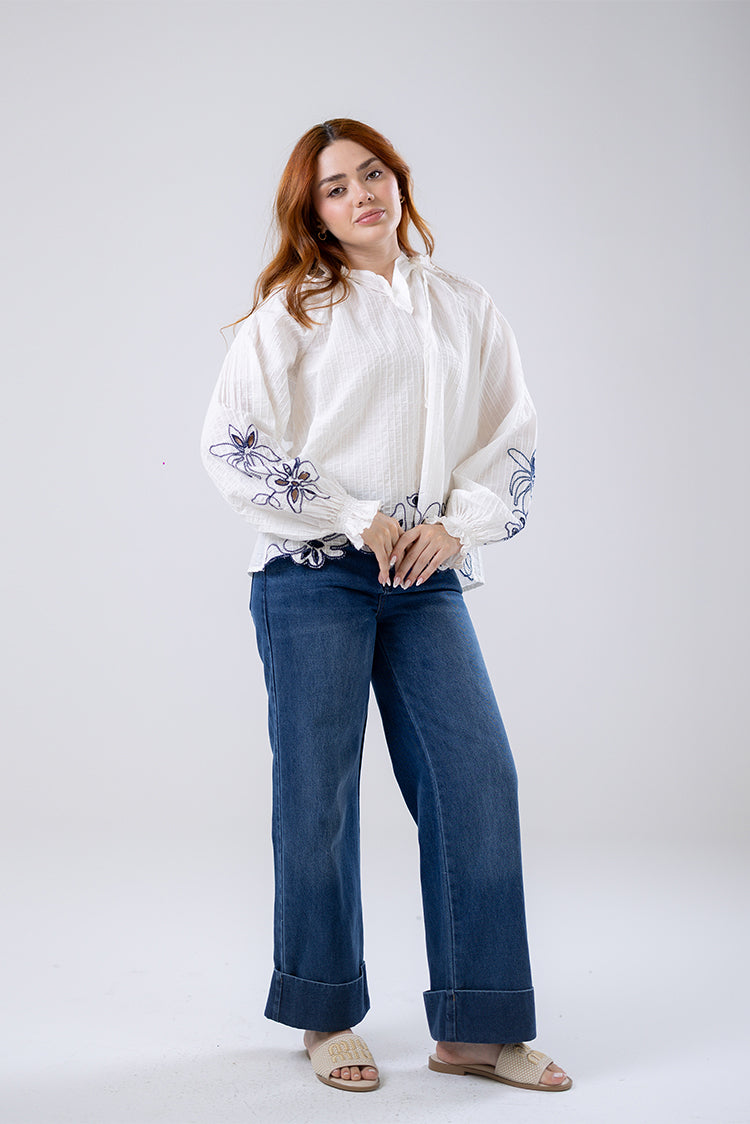 Embroidered Tie-Neck Blouse
