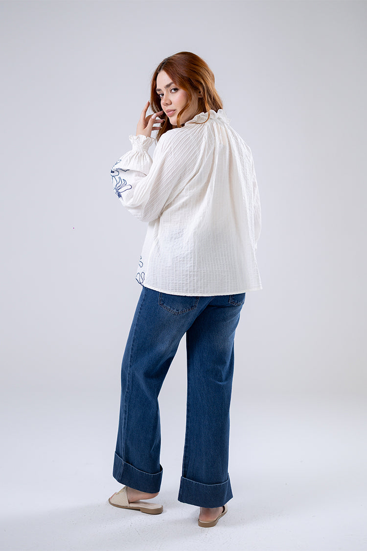 Embroidered Tie-Neck Blouse