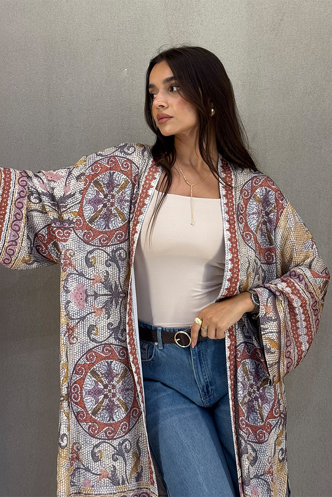 Long Open-Front Printed Cardigan