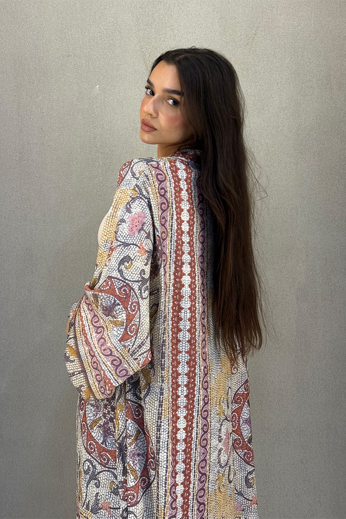 Long Open-Front Printed Cardigan